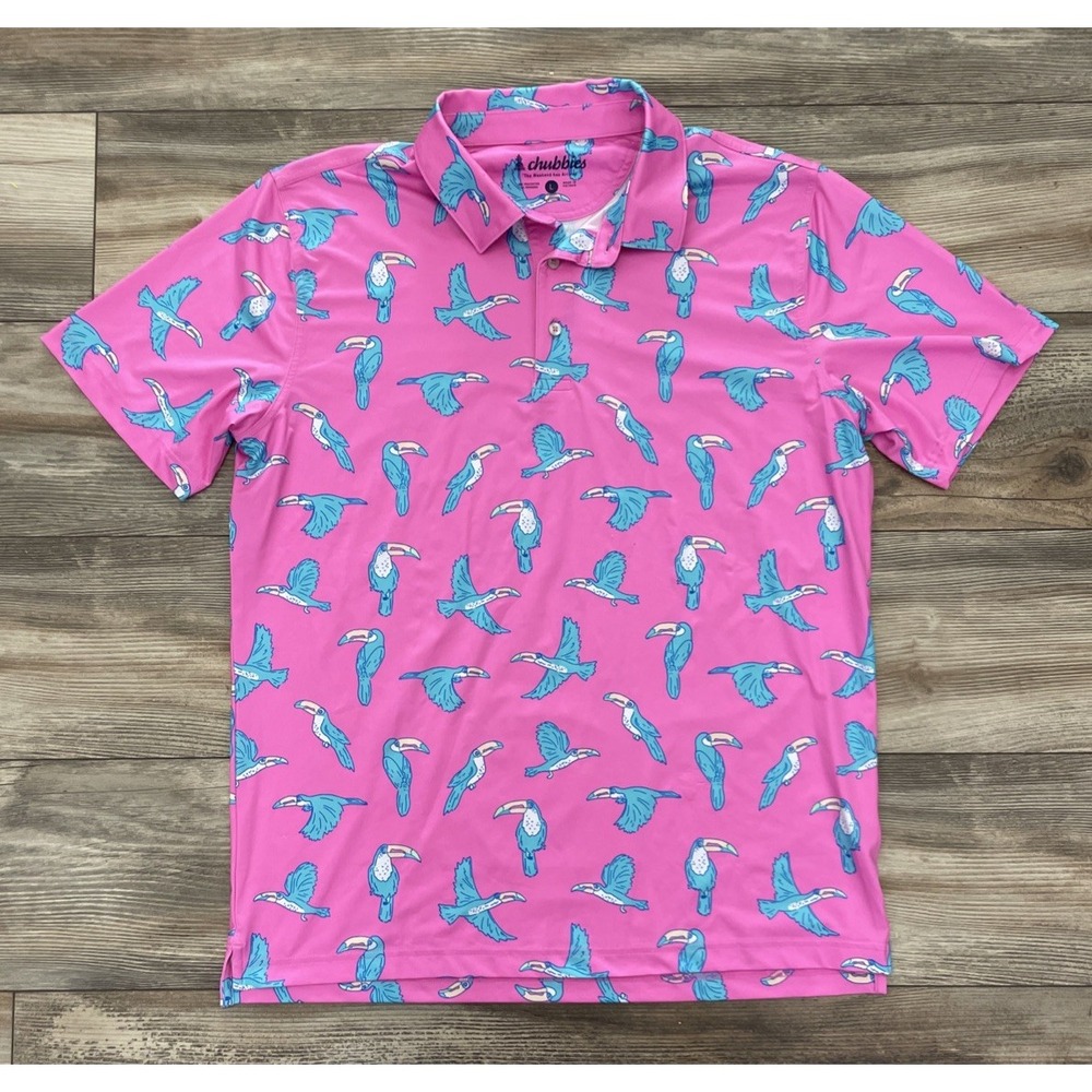 Chubbies Performance Polo 2.0 Shirt Pink Toucan Print Mens Size Large